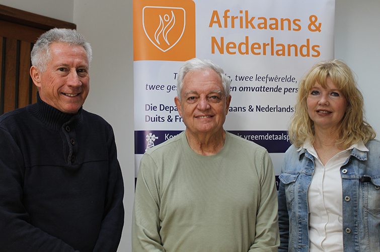 Prof Henning Pieterse, Lecturer in Creative Writing in the Department of Afrikaans, Dutch, German and French; Leon van Nierop; and Prof Angelique van Niekerk, Head of the Department of Afrikaans, Dutch, German and French.