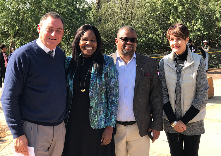 Chris Grobler, Eunice Qwelane, Bob Tladi, and Elmien Retief on the UFS South Campus during the Monyetla Bursary Project’s Winter School.