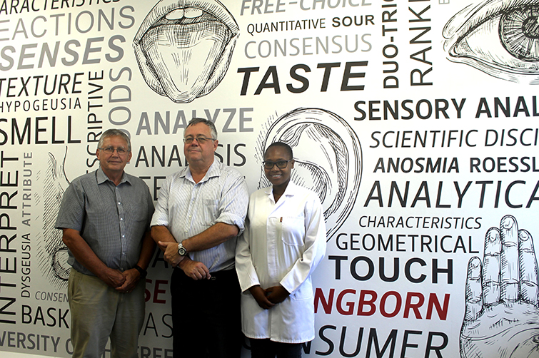 Prof Danie Vermeulen, Prof Arno Hugo, and master’s student in Consumer Sciences, Mandisa Masuku in the newly renovated sensory laboratory in the Agricultural Building on the UFS Bloemfontein Campus. 