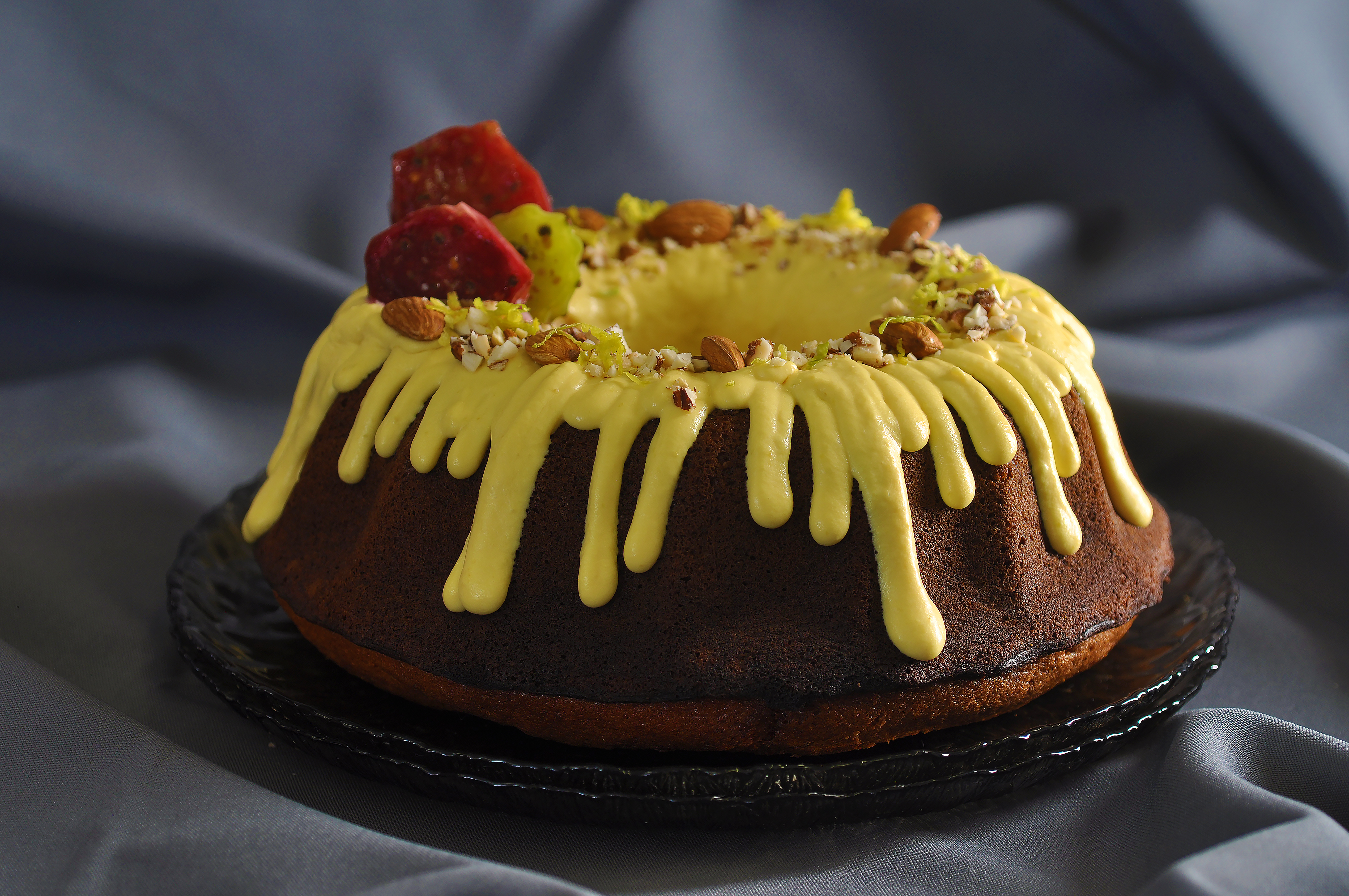 Almond-Cactus Pear Bundt Cake with White Chocolate Ganache  